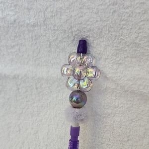 Iridescent Flower Beaded Pen with Purple Accents